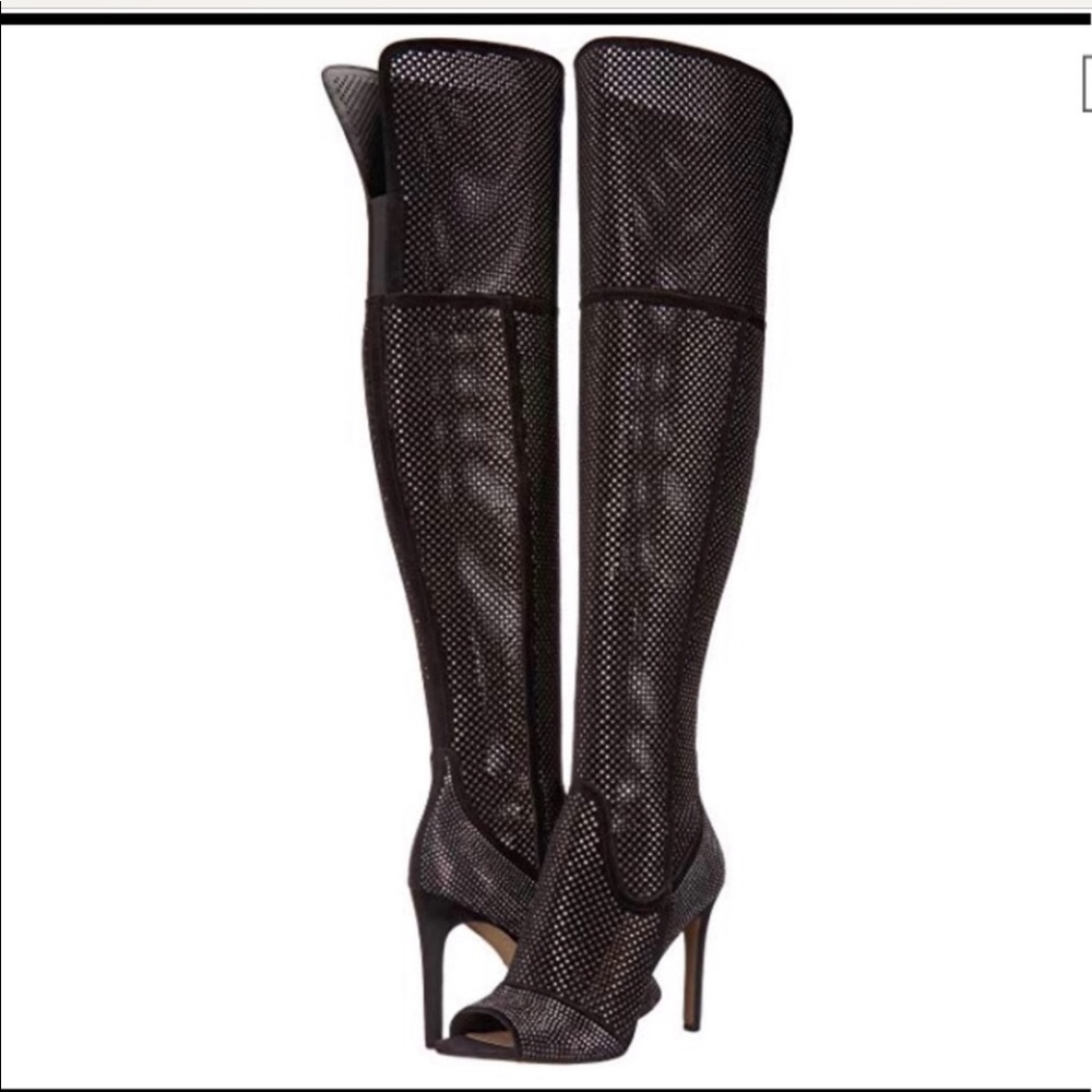 Thigh high open toe black boots with. Vince Camuto